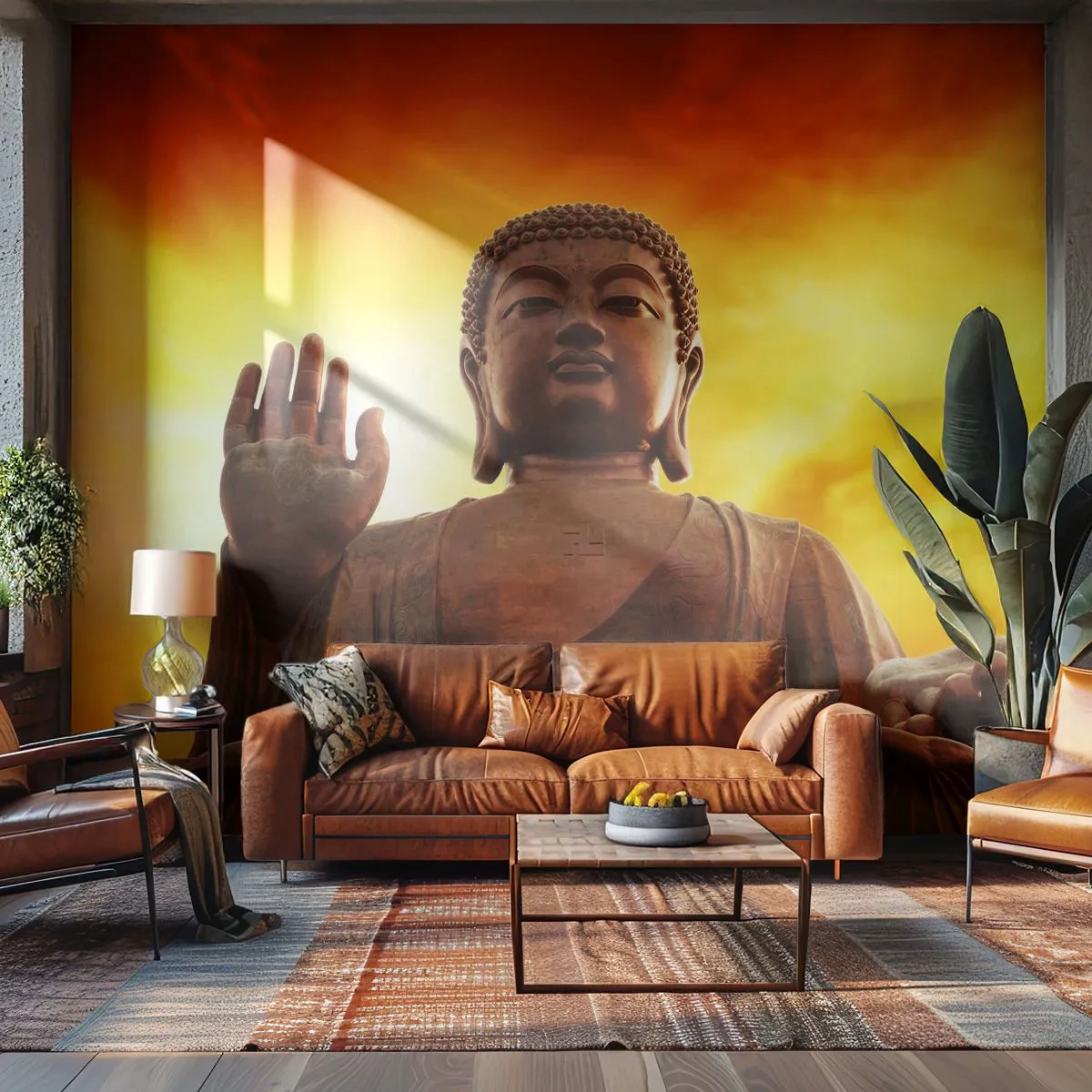 Papier Peint Photo Standard Eco - Une statue de Bouddha sur fond de coucher de soleil doré - 100x70cm - La paix du monde - Décoration murale moderne pour le salon et la chambre ARTTOR