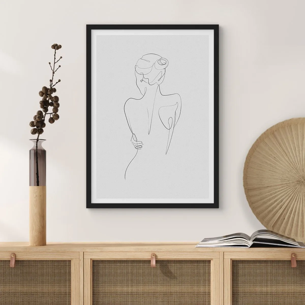 Affiche dans un cadre noir - Poster - Dessin au contour d'une femme sur fond gris - 50x70cm - Musique corporelle - Décoration murale moderne pour le salon et la chambre ARTTOR