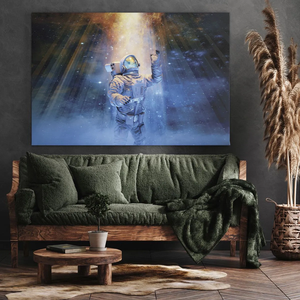 Impression sur toile - Image sur toile - Un astronaute à la lumière d'une explosion cosmique pleine d'étoiles - 120x80cm - Enfin arrivé - Décoration murale moderne pour le salon et la chambre ARTTOR