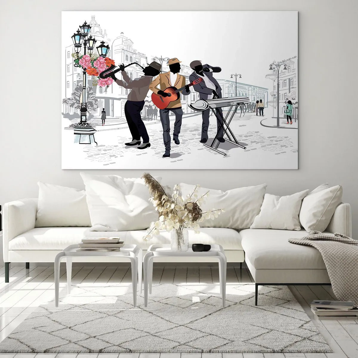 Impression sur verre - Image sur verre - Un groupe de jazz jouant dans la rue - 70x50cm - Musique de rue - Décoration murale moderne pour le salon et la chambre ARTTOR