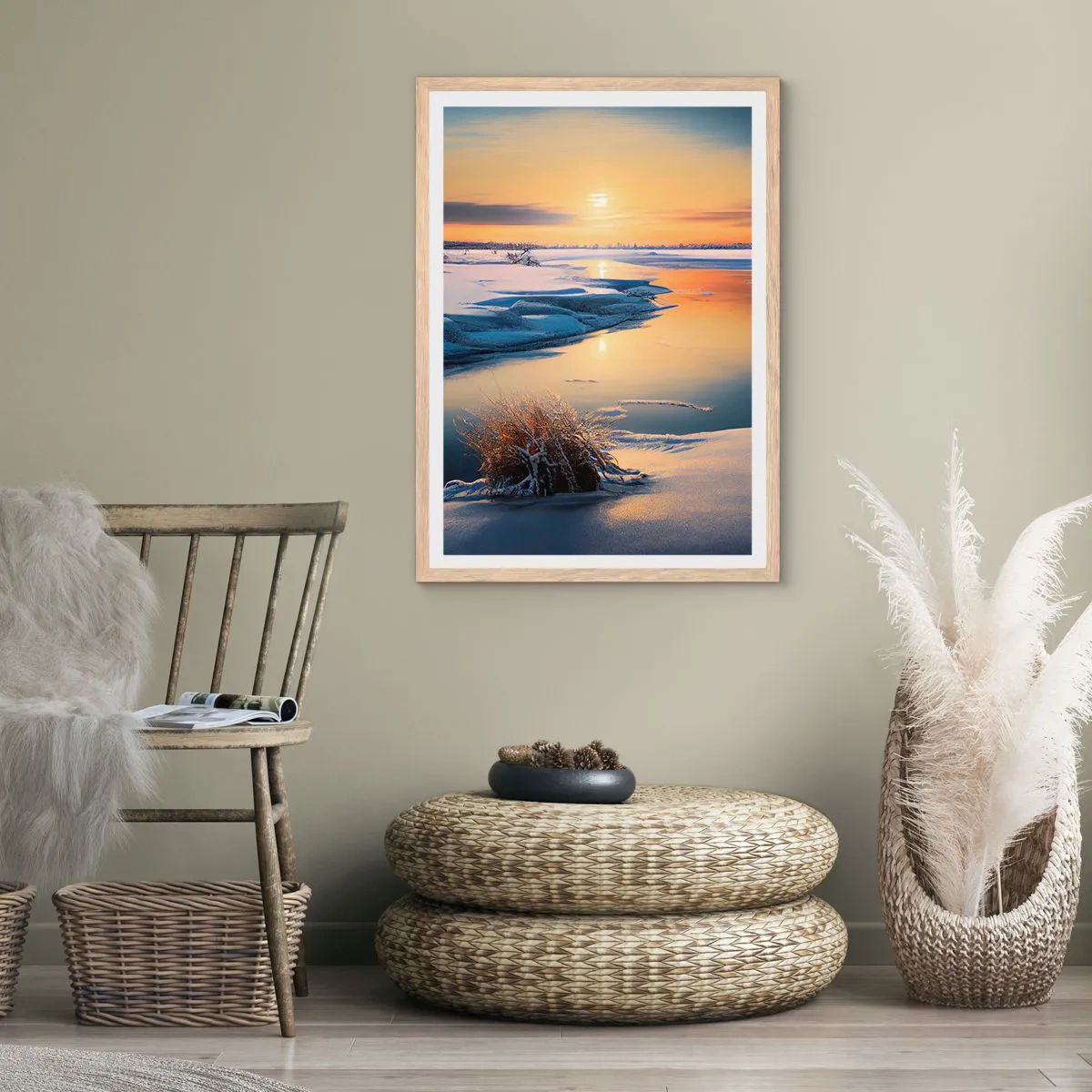 Affiche dans un chêne clair - Poster - Coucher de soleil d'hiver - 30x40 cm