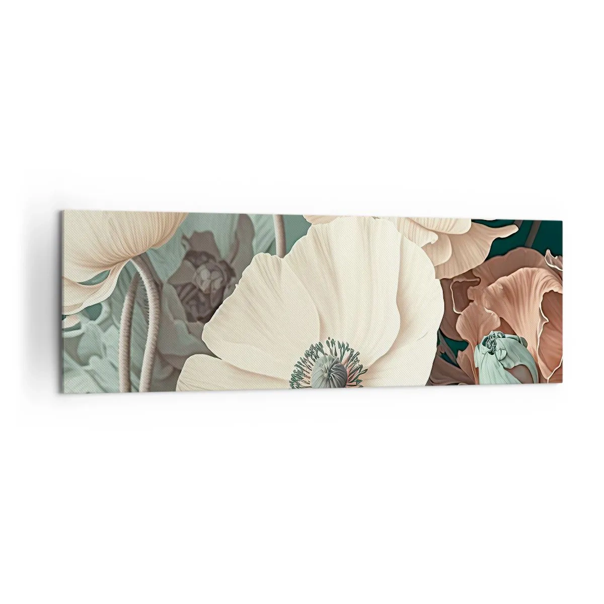 Impression sur toile - Image sur toile - Fleurs élégantes aux tons pastel sur fond vert - 160x50cm - Le murmure des coquelicots - Décoration murale moderne pour le salon et la chambre ARTTOR