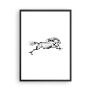 Affiche dans un cadre noir - Poster - Illustration d'un cheval au galop en noir et blanc - 50x70cm - Immortalisé au galop - Décoration murale moderne pour le salon et la chambre ARTTOR