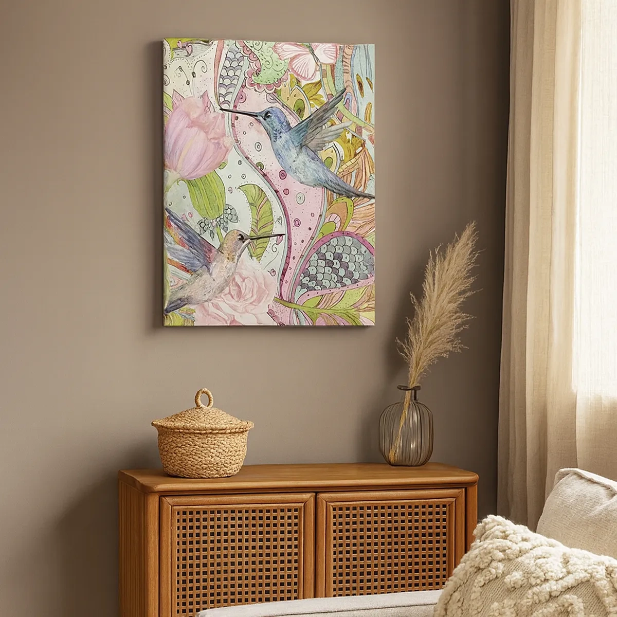 Impression sur toile - Image sur toile - Colibris et papillons colorés parmi les plantes - 50x70cm - Empêtré dans les vignes - Décoration murale moderne pour le salon et la chambre ARTTOR