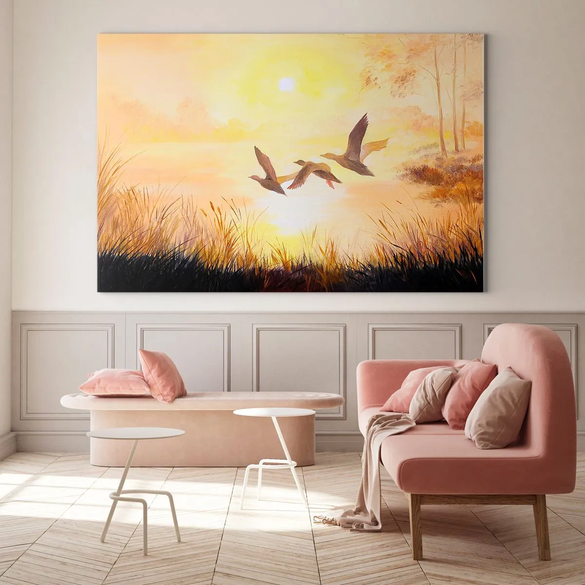 Impression sur verre - Image sur verre - Trois canards volant au-dessus d'un lac au lever du soleil - 70x50cm - Le début d'un long voyage - Décoration murale moderne pour le salon et la chambre ARTTOR