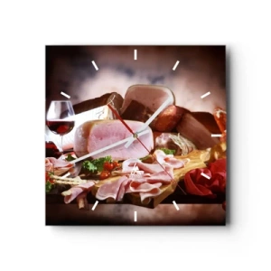 Horloge murale - Pendule murale - Charcuterie au vin sur fond rustique - 30x30cm - Un rêve culinaire avec une carafe - Décoration murale moderne pour le salon et la chambre ARTTOR