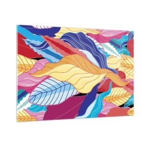 Impression sur verre - Image sur verre - Feuilles abstraites colorées sur un fond de verre - 100x70cm - Un désordre coloré - Décoration murale moderne pour le salon et la chambre ARTTOR
