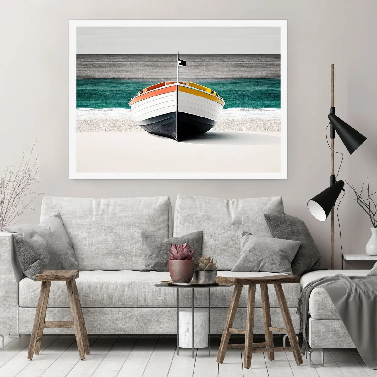 Affiche - Poster - Un bateau sur la plage avec une mer turquoise en arrière-plan - 100x70cm - A sa place - Décoration murale moderne pour le salon et la chambre ARTTOR