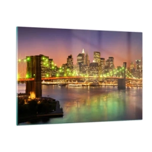Impression sur verre - Image sur verre - Pont illuminé sur la rivière avec vue panoramique sur la ville au crépuscule - 120x80cm - Ici la lumière ne s'éteint jamais - Décoration murale moderne pour le salon et la chambre ARTTOR
