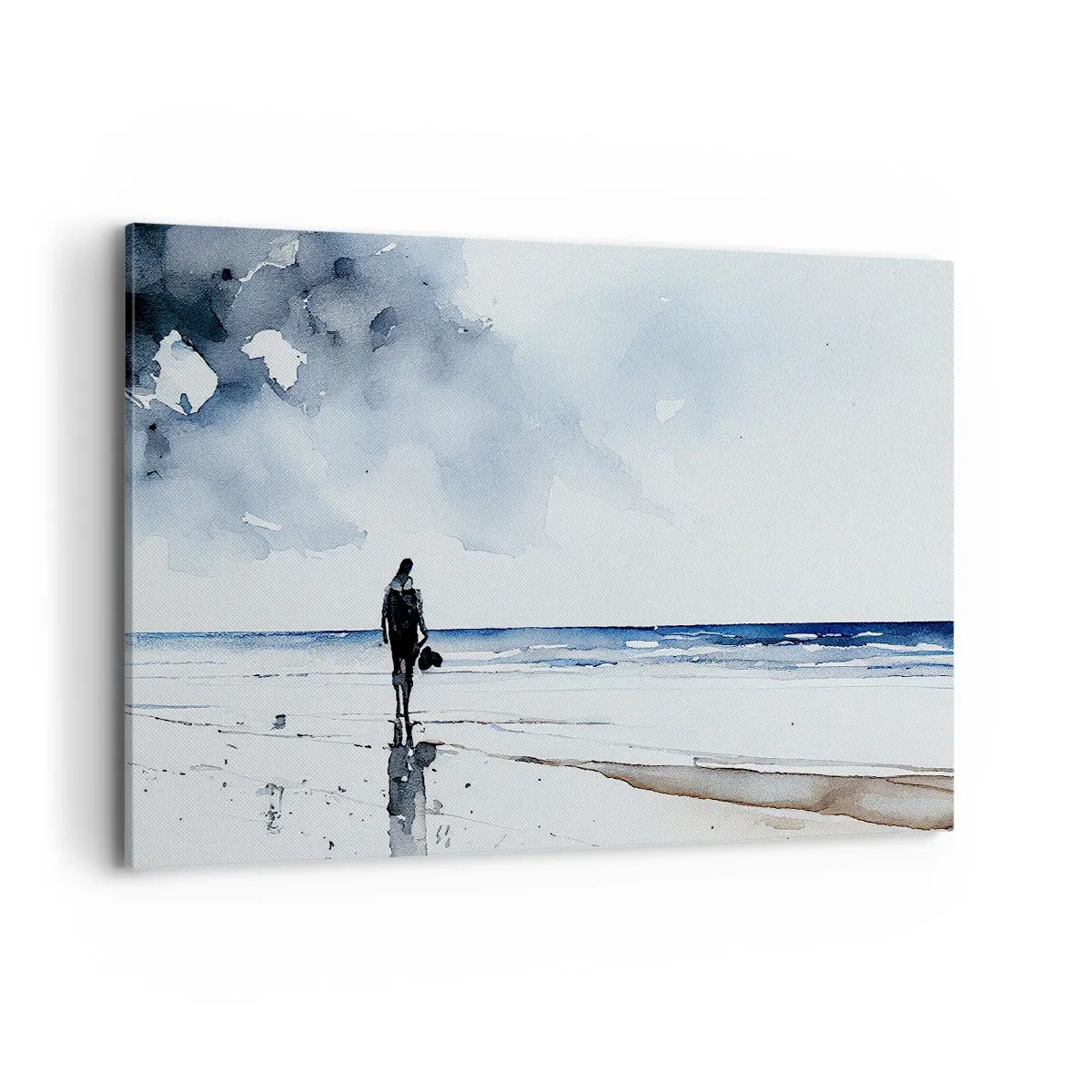 Impression sur toile - Image sur toile - Une silhouette sur une plage dans un environnement marin calme - 120x80cm - Conversation avec la mer - Décoration murale moderne pour le salon et la chambre ARTTOR