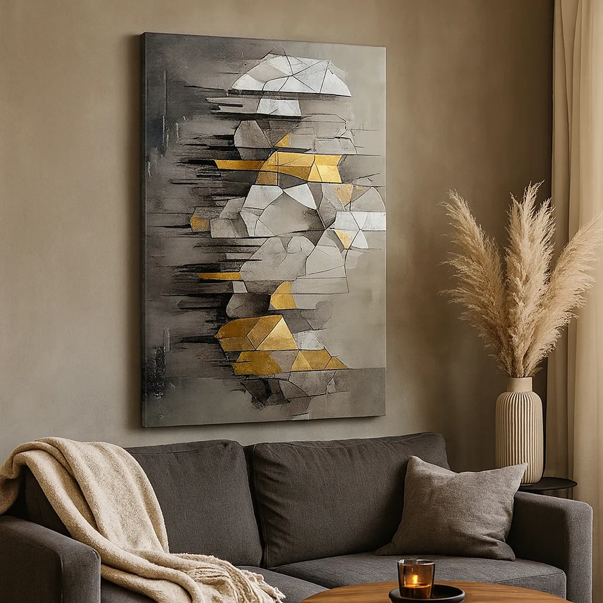 Impression sur toile - Image sur toile - Abstraction géométrique dans les tons d'or et de gris - 50x70cm - Composition de glace et de lumière - Décoration murale moderne pour le salon et la chambre ARTTOR