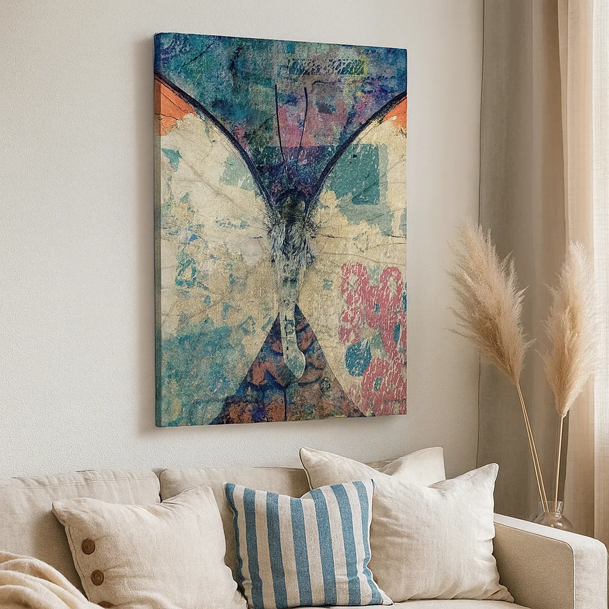 Impression sur toile - Image sur toile - Papillon sur un fond artistique abstrait avec des détails colorés - 50x70cm - Fragilité subtile - Décoration murale moderne pour le salon et la chambre ARTTOR