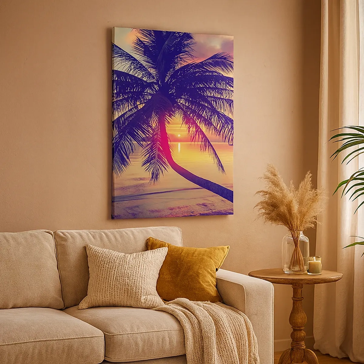 Impression sur toile - Image sur toile - Coucher de soleil avec un palmier sur un rivage tranquille - 50x70cm - Soirée sous les palmiers - Décoration murale moderne pour le salon et la chambre ARTTOR