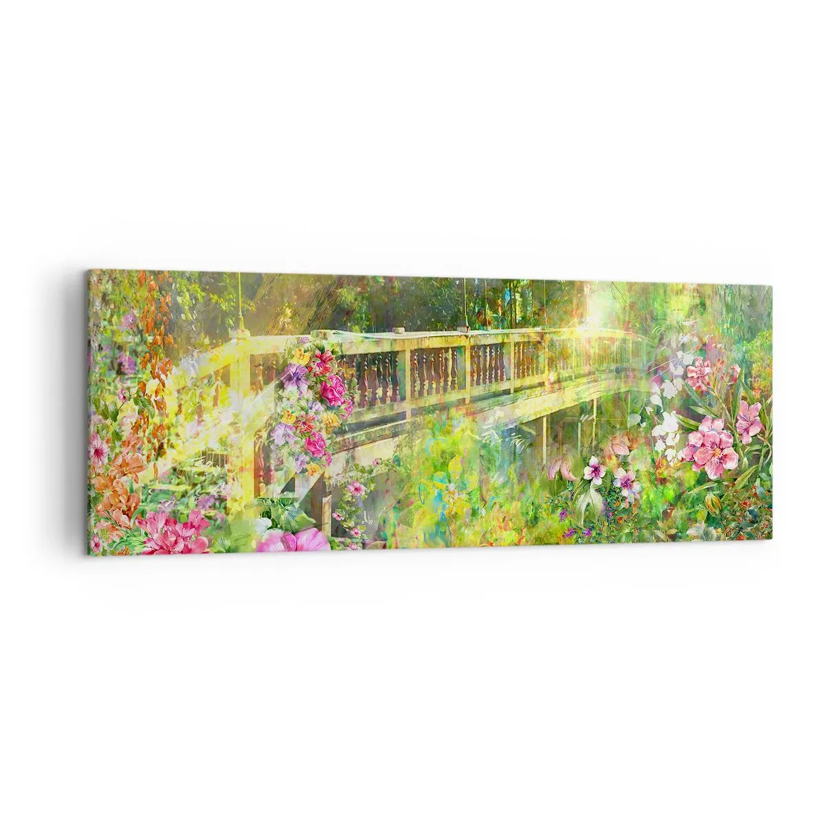 Impression sur toile - Image sur toile - Un pont entouré d'une végétation luxuriante et de fleurs - 140x50cm - Le soupire d'un pont de printemps - Décoration murale moderne pour le salon et la chambre ARTTOR