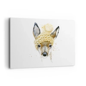 Impression sur toile - Image sur toile - Cerf aquarelle avec une casquette jaune - 120x80cm - Pour l'hiver dans la forêt enneigée - Décoration murale moderne pour le salon et la chambre ARTTOR