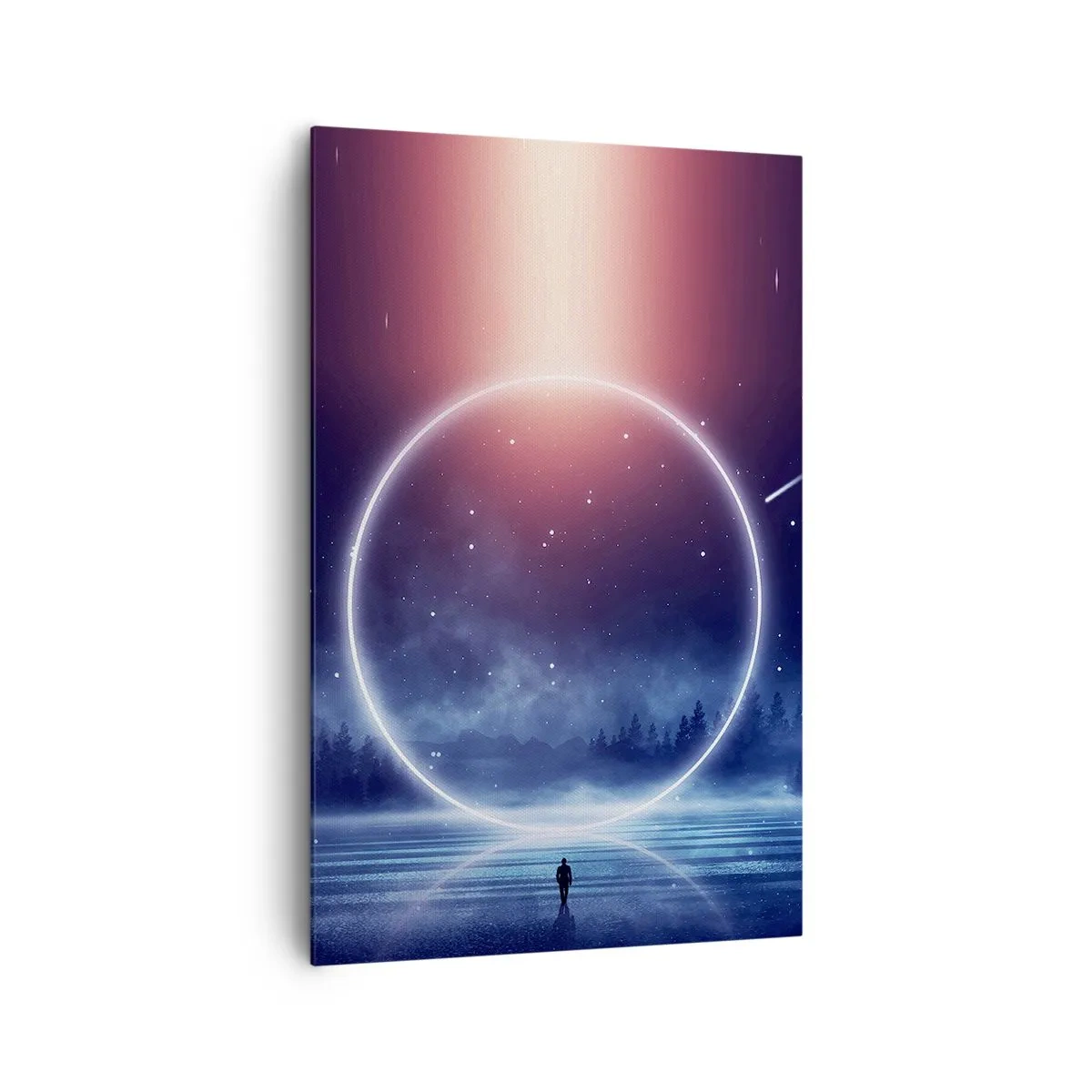 Impression sur toile - Image sur toile - Un paysage magique avec une silhouette et un cercle de lumière la nuit - 80x120cm - Ils sont déjà là... - Décoration murale moderne pour le salon et la chambre ARTTOR