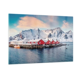 Impression sur verre - Image sur verre - Chalets de pêcheurs rouges sur le fjord avec les montagnes en arrière-plan - 120x80cm - Retraite dans le nord - Décoration murale moderne pour le salon et la chambre ARTTOR