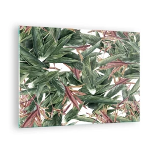 Impression sur verre - Image sur verre - Feuilles dans les tons de vert et de bordeaux sur fond clair - 70x50cm - Arbuste émeraude-lilas - Décoration murale moderne pour le salon et la chambre ARTTOR