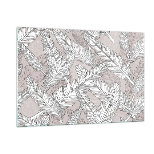 Impression sur verre - Image sur verre - Feuilles noires et blanches sur fond beige dans un style graphique - 120x80cm - Un tourbillon de plumes - Décoration murale moderne pour le salon et la chambre ARTTOR