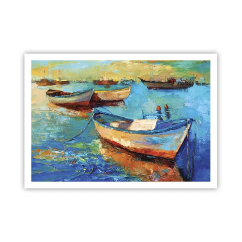 Affiche - Poster - Bateaux colorés amarrés sur une eau calme - 100x70cm - Dans la baie du sud - Décoration murale moderne pour le salon et la chambre ARTTOR