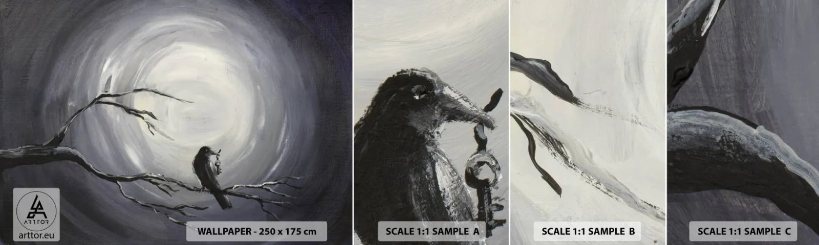 Échantillon de Papier Peint Autocollant Deluxe Sticker - La clé du mystère de la nuit - Abstraction, Corbeau, Oiseau - 100x30 cm