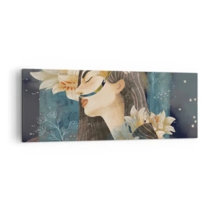 Impression sur toile - Image sur toile - Portrait d'une femme avec des fleurs dans un style artistique sur fond sombre - 140x50cm - Conte de fée sur la princesse lilas - Décoration murale moderne pour le salon et la chambre ARTTOR