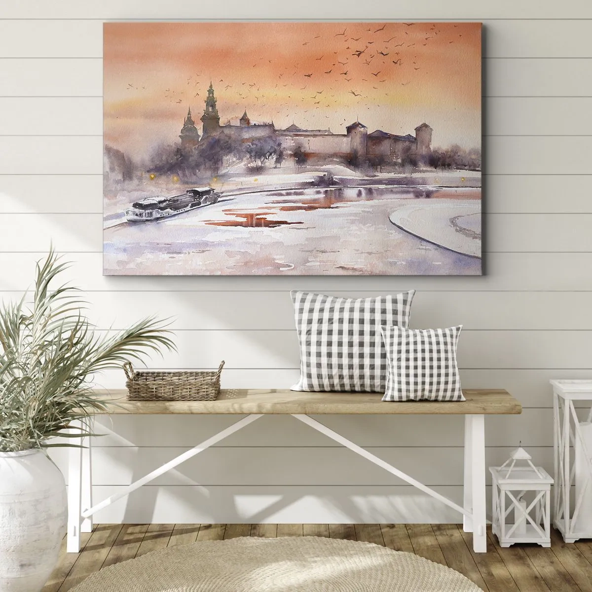 Impression sur toile - Image sur toile - Coucher de soleil sur le château dans un paysage hivernal - 120x80cm - Coucher de soleil royal - Décoration murale moderne pour le salon et la chambre ARTTOR