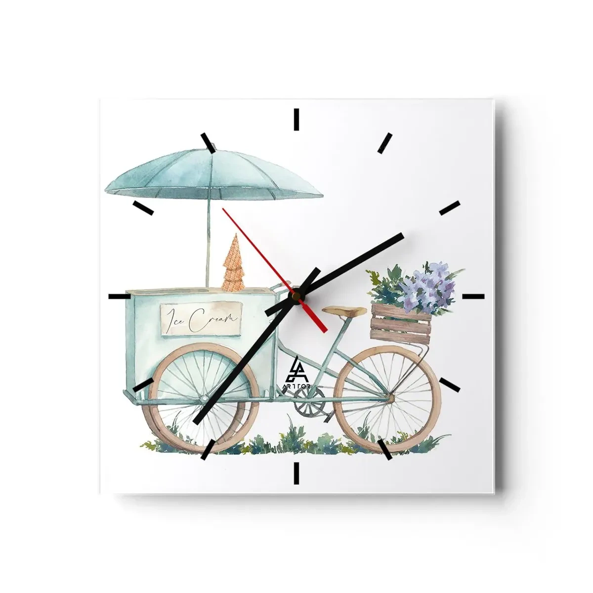 Horloge murale - Pendule murale - Un vélo avec de la glace et des fleurs sous un parapluie aux couleurs pastel délicates - 30x30cm - Doux souvenir d'été - Décoration murale moderne pour le salon et la chambre ARTTOR