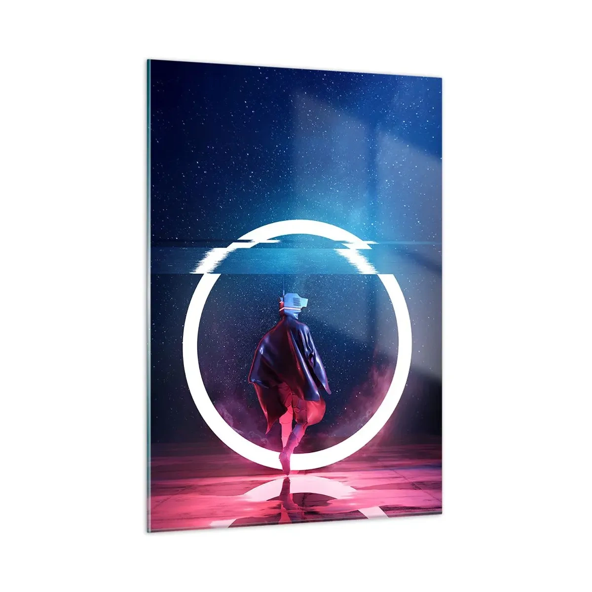 Impression sur verre - Image sur verre - Une figurine dans un décor futuriste avec un anneau néon - 50x70cm - Entre deux mondes - Décoration murale moderne pour le salon et la chambre ARTTOR