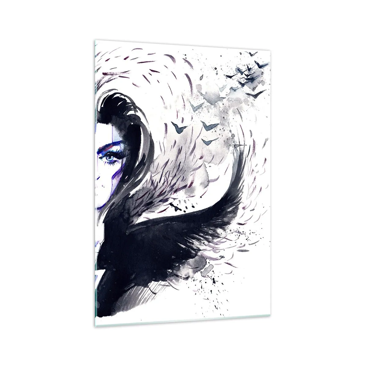 Impression sur verre - Image sur verre - Visage abstrait avec des éléments contrastés et un motif d'aile - 70x100cm - Démoniaque et belle - Décoration murale moderne pour le salon et la chambre ARTTOR