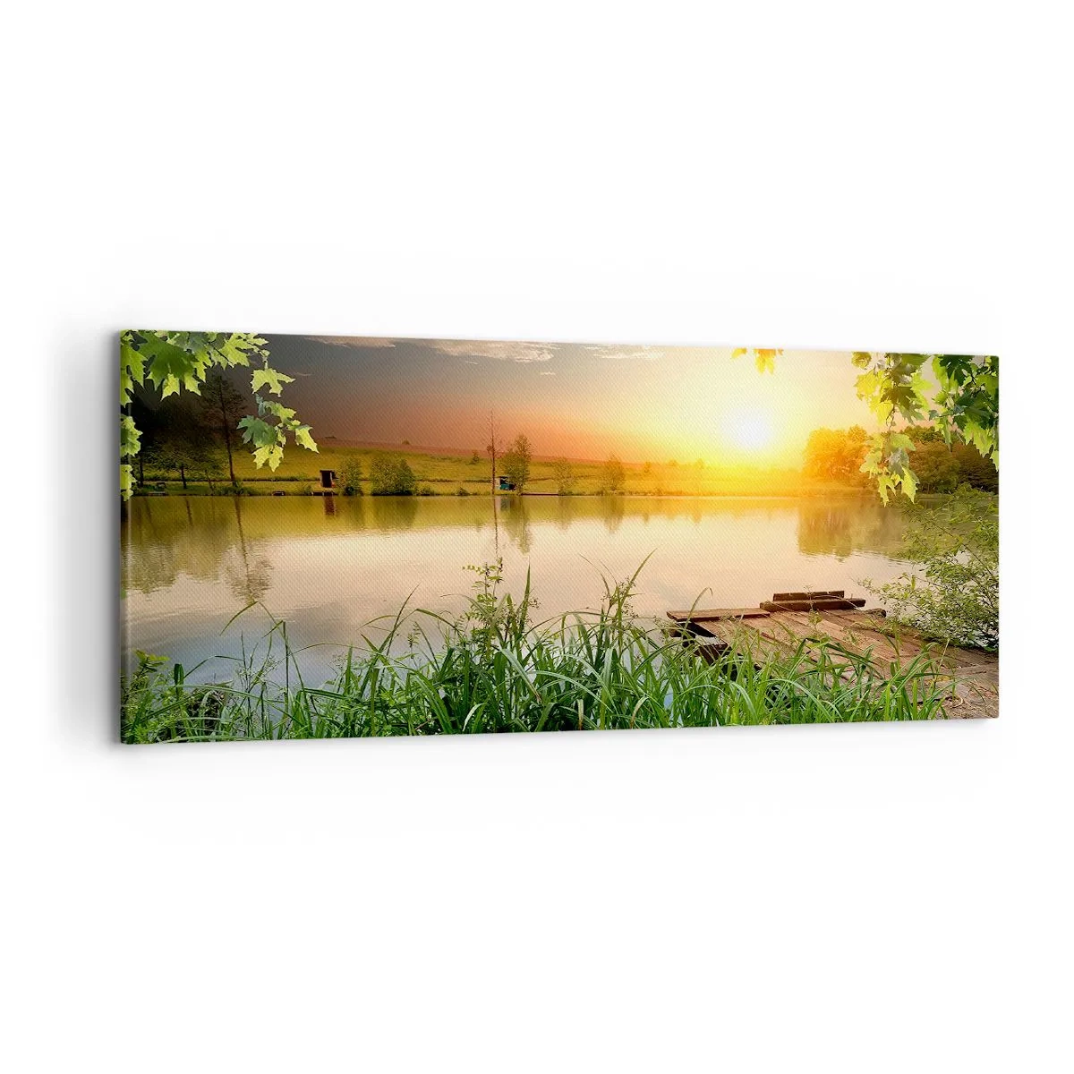 Impression sur toile - Image sur toile - Paysage verdoyant avec un lac au coucher du soleil - 120x50cm - Paysage dans un cadre verdoyant - Décoration murale moderne pour le salon et la chambre ARTTOR