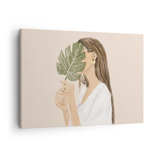 Impression sur toile - Image sur toile - Portrait d'une femme avec une feuille de monstera sur fond beige - 70x50cm - Portrait mystérieux avec un éventail - Décoration murale moderne pour le salon et la chambre ARTTOR