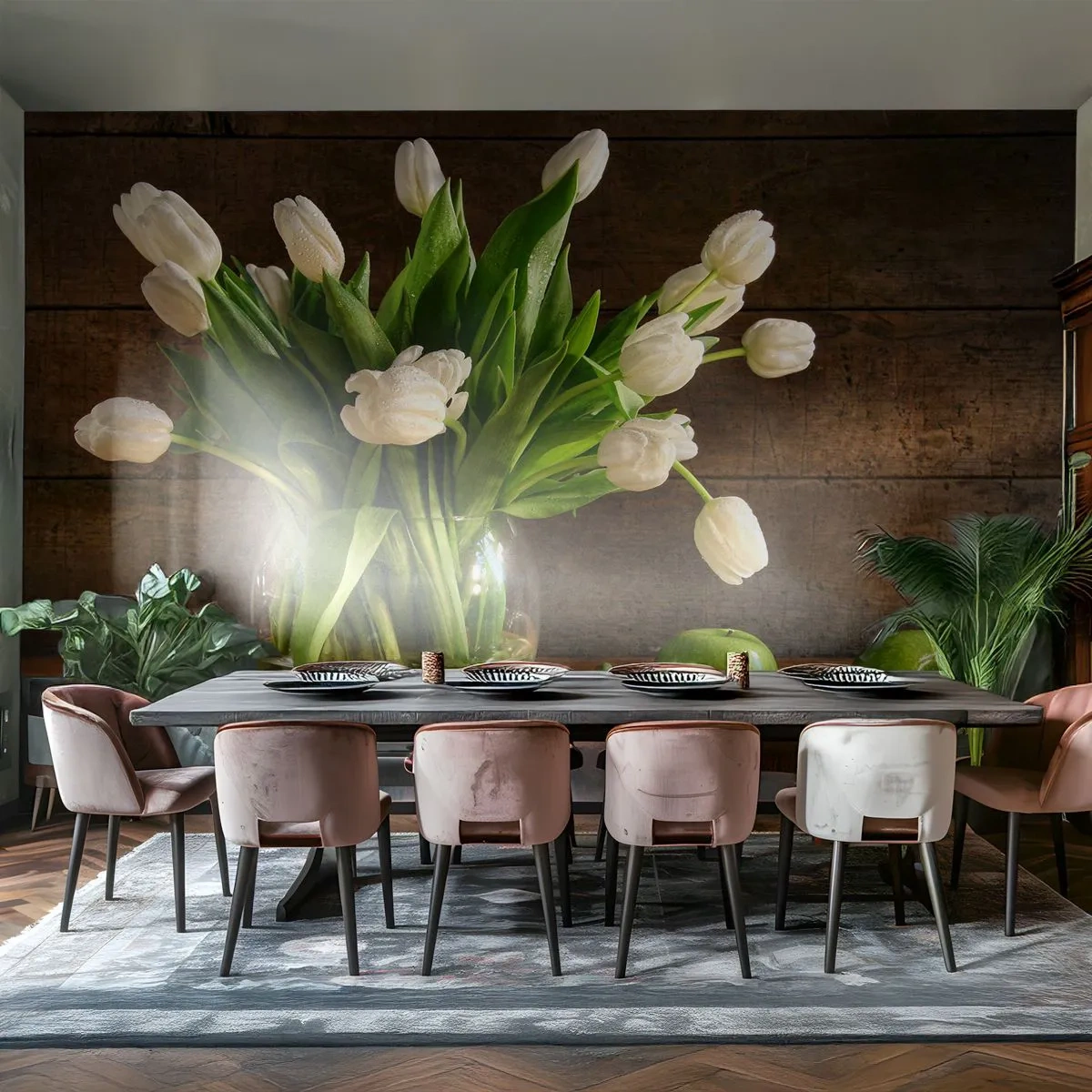 Papier Peint Photo Premium Sand - Tulipes blanches dans un vase en verre et pommes vertes sur bois - 100x70cm - Juteux et frais en vert et blanc - Décoration murale moderne pour le salon et la chambre ARTTOR