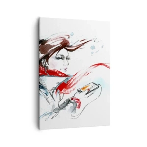 Impression sur toile - Image sur toile - Une femme portant un foulard rouge avec des traits d'aquarelle dynamiques - 50x70cm - Quelque chose se passe en moi - Décoration murale moderne pour le salon et la chambre ARTTOR