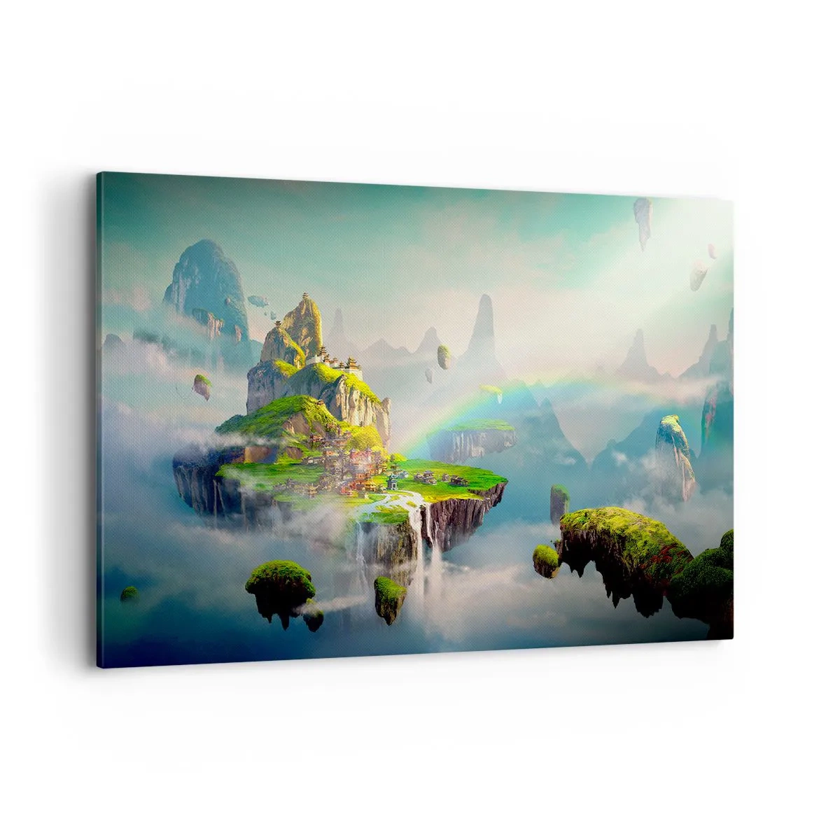 Impression sur toile - Image sur toile - Des îles volantes parmi les nuages avec un arc-en-ciel à l'horizon - 100x70cm - Au milieu des cieux - îles du bonheur - Décoration murale moderne pour le salon et la chambre ARTTOR