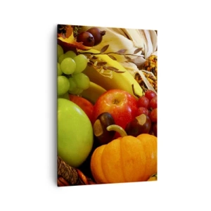 Impression sur toile - Image sur toile - Un panier de fruits, de citrouilles et de maïs sur fond de couleurs d'automne. - 70x100cm - Panier de récolte - Décoration murale moderne pour le salon et la chambre ARTTOR