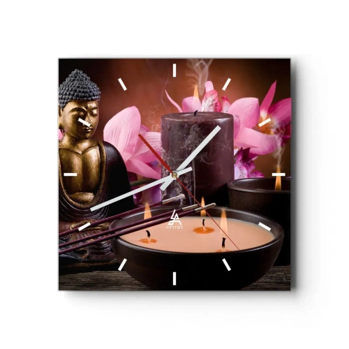 Horloge murale - Pendule murale - Figurine de Bouddha avec bougies allumées et bâtons d'encens - 30x30cm - Vider l'esprit, calmer le corps - Décoration murale moderne pour le salon et la chambre ARTTOR
