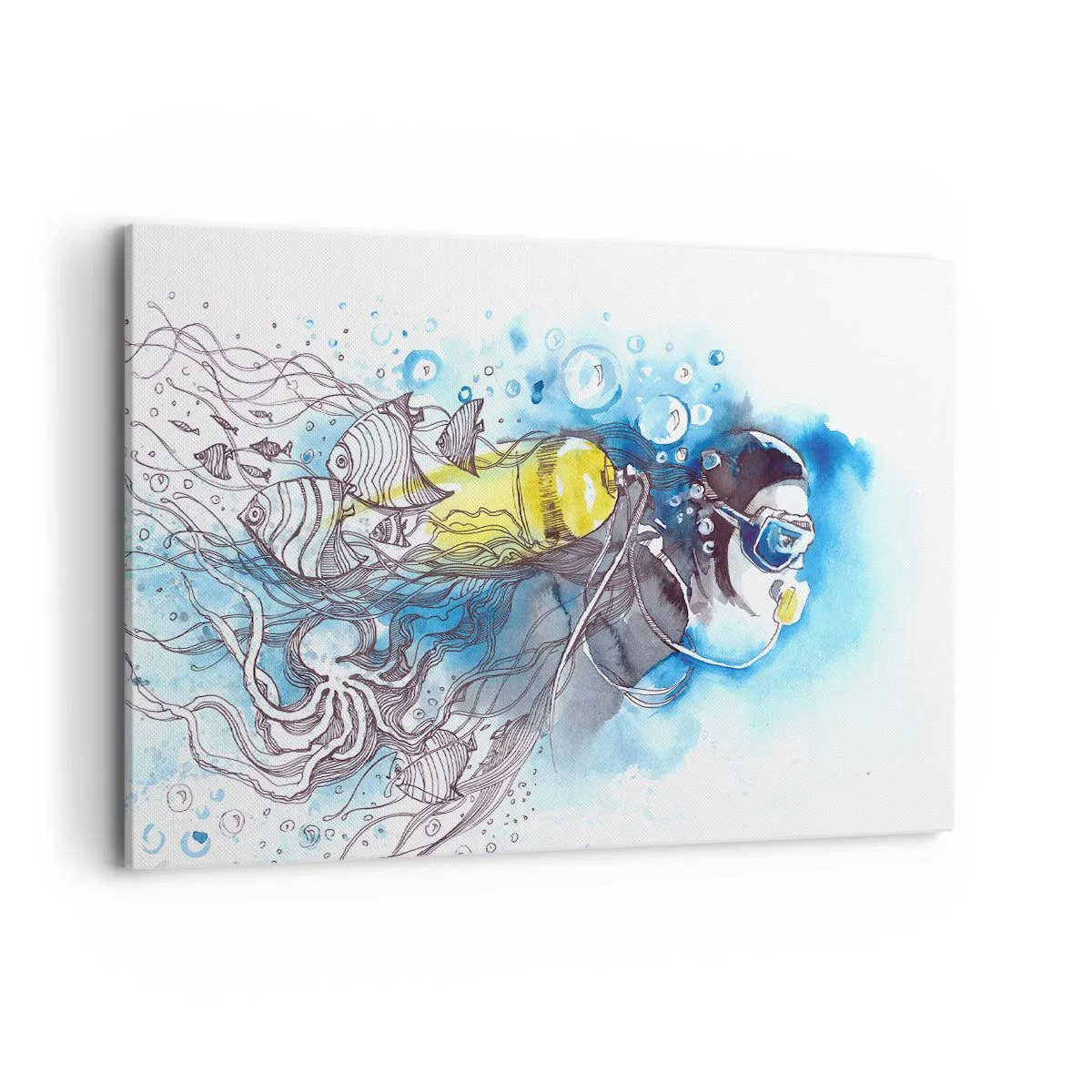 Impression sur toile - Image sur toile - Scène sous-marine avec un plongeur et des poissons exotiques - 120x80cm - Le grand bleu - Décoration murale moderne pour le salon et la chambre ARTTOR