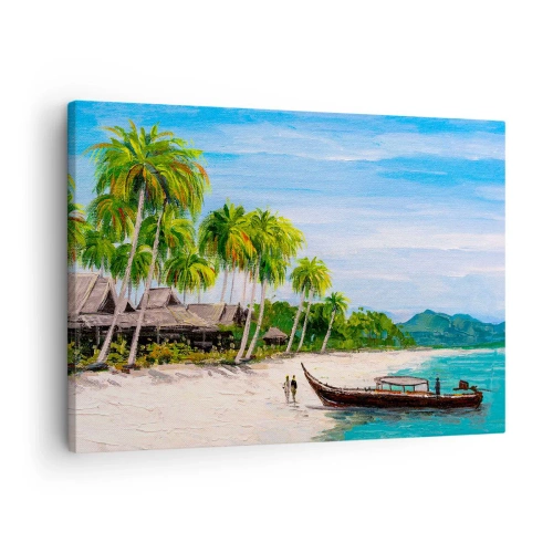 Impression sur toile - Image sur toile - Une plage exotique avec des palmiers et un bateau sur le rivage - 70x50cm - Rêve exotique - Décoration murale moderne pour le salon et la chambre ARTTOR