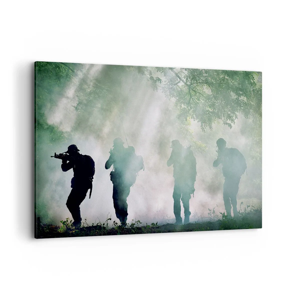 Impression sur toile - Image sur toile - Silhouettes de soldats dans une forêt entourée de brouillard - 120x80cm - Un pour tous… - Décoration murale moderne pour le salon et la chambre ARTTOR