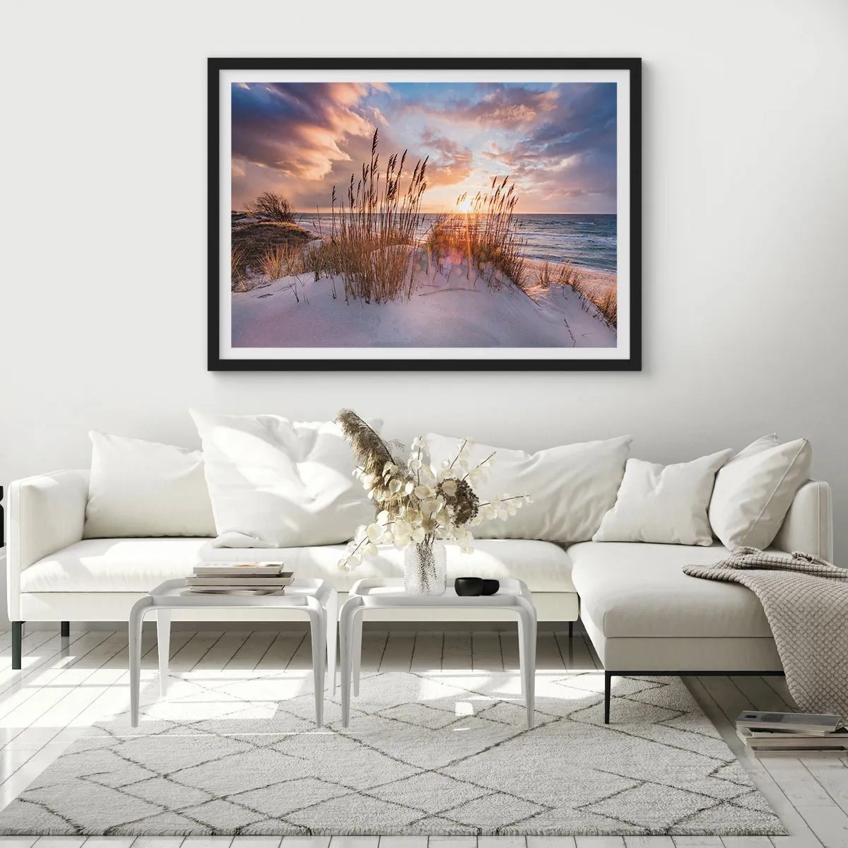 Affiche dans un cadre noir - Poster - Dunes avec des herbes sur fond de soleil couchant - 70x50cm - Salutations du soleil et du vent - Décoration murale moderne pour le salon et la chambre ARTTOR
