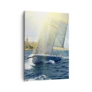Impression sur toile - Image sur toile - Course de yachts sur fond de côte ensoleillée - 50x70cm - Il est temps de quitter la ville - Décoration murale moderne pour le salon et la chambre ARTTOR
