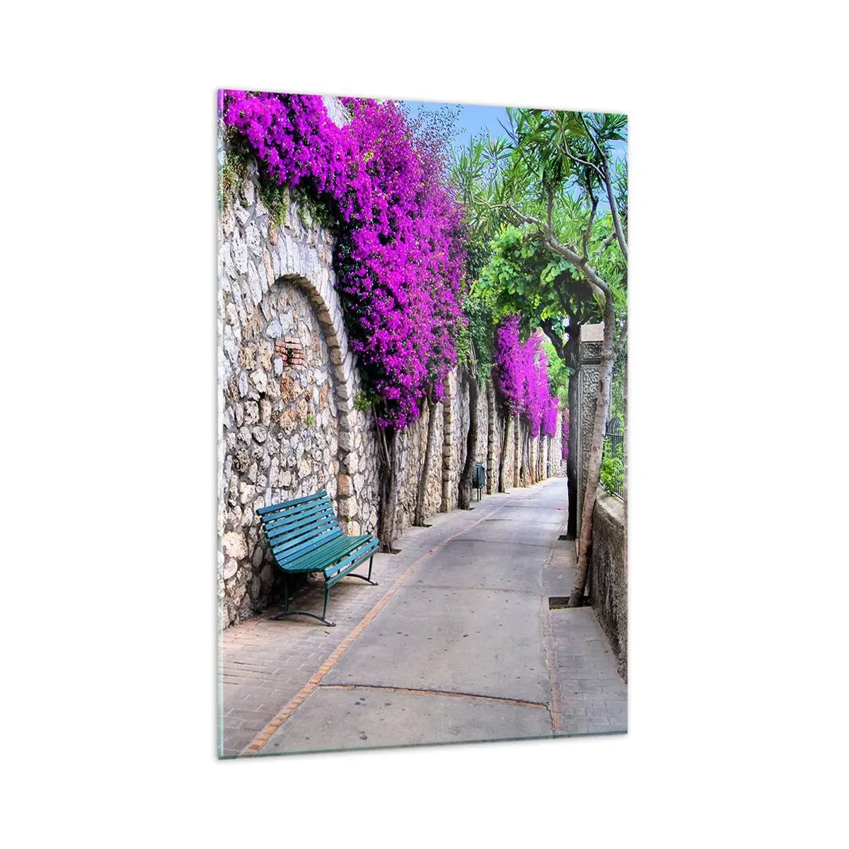 Impression sur verre - Image sur verre - Un chemin de pierre avec un banc et des fleurs violettes en fleurs - 80x120cm - Rencontrons-nous au plus vite - Décoration murale moderne pour le salon et la chambre ARTTOR