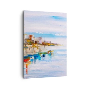 Impression sur toile - Image sur toile - Bateaux colorés sur le rivage surplombant les toits de la ville - 50x70cm - Un havre urbain multicolore - Décoration murale moderne pour le salon et la chambre ARTTOR