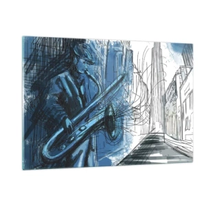 Impression sur verre - Image sur verre - Saxophoniste de jazz dans un décor urbain aux teintes bleues - 120x80cm - Rhapsodie urbaine - Décoration murale moderne pour le salon et la chambre ARTTOR