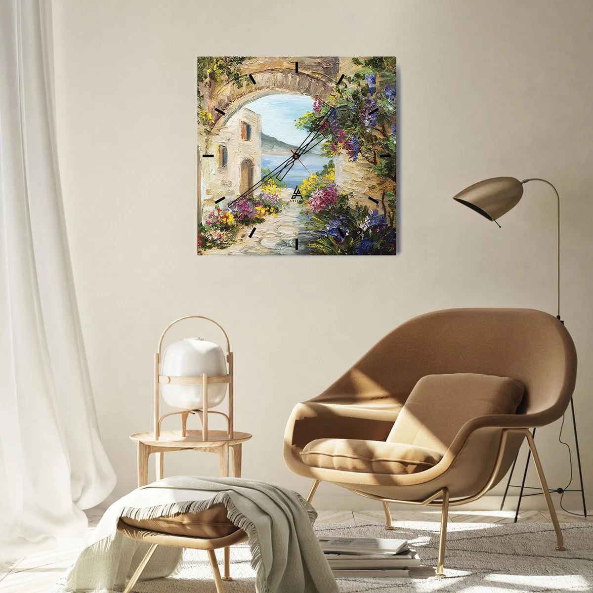 Horloge murale - Pendule murale - Paysage de bord de mer avec des bâtiments en pierre et des fleurs - 30x30cm - Le charme d'une province côtière - Décoration murale moderne pour le salon et la chambre ARTTOR