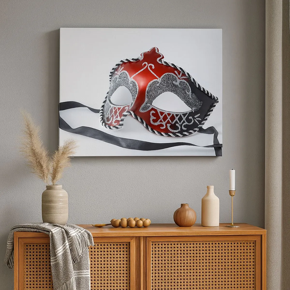 Impression sur toile - Image sur toile - Masque de carnaval rouge sur fond clair - 70x50cm - Invitation au bal - Décoration murale moderne pour le salon et la chambre ARTTOR