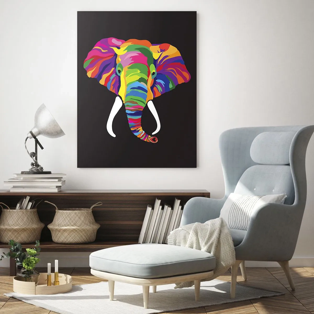 Impression sur verre - Image sur verre - Un éléphant coloré sur fond noir dans un style artistique - 50x70cm - L'éléphant qui aimait se baigner dans un arc-en-ciel - Décoration murale moderne pour le salon et la chambre ARTTOR
