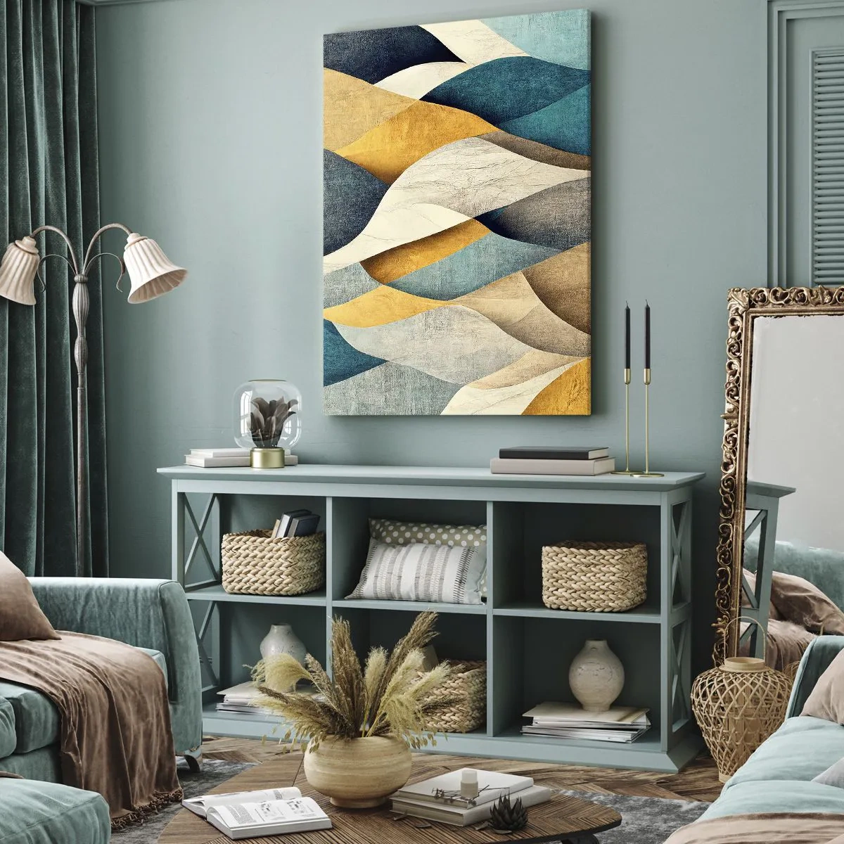Impression sur toile - Image sur toile - Vagues abstraites dans des tons de bleu et d'or - 70x100cm - Rythme et vague - Décoration murale moderne pour le salon et la chambre ARTTOR