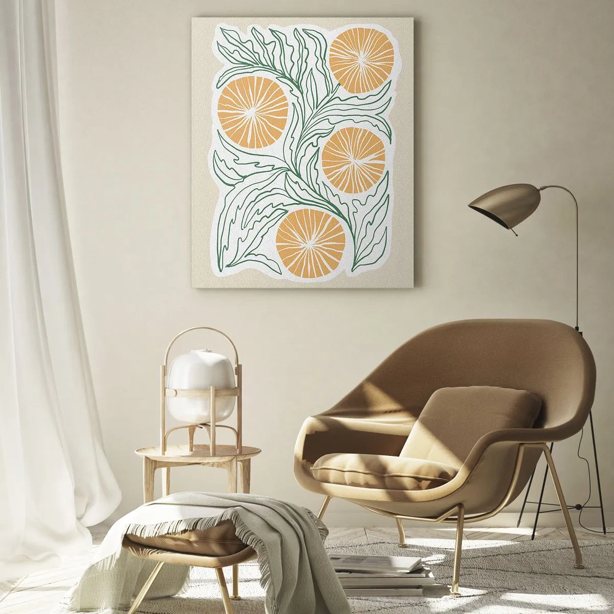 Impression sur verre - Image sur verre - Fruits orange et feuilles vertes dans une composition graphique - 50x70cm - Ethnique avec une pointe d'abstraction - Décoration murale moderne pour le salon et la chambre ARTTOR